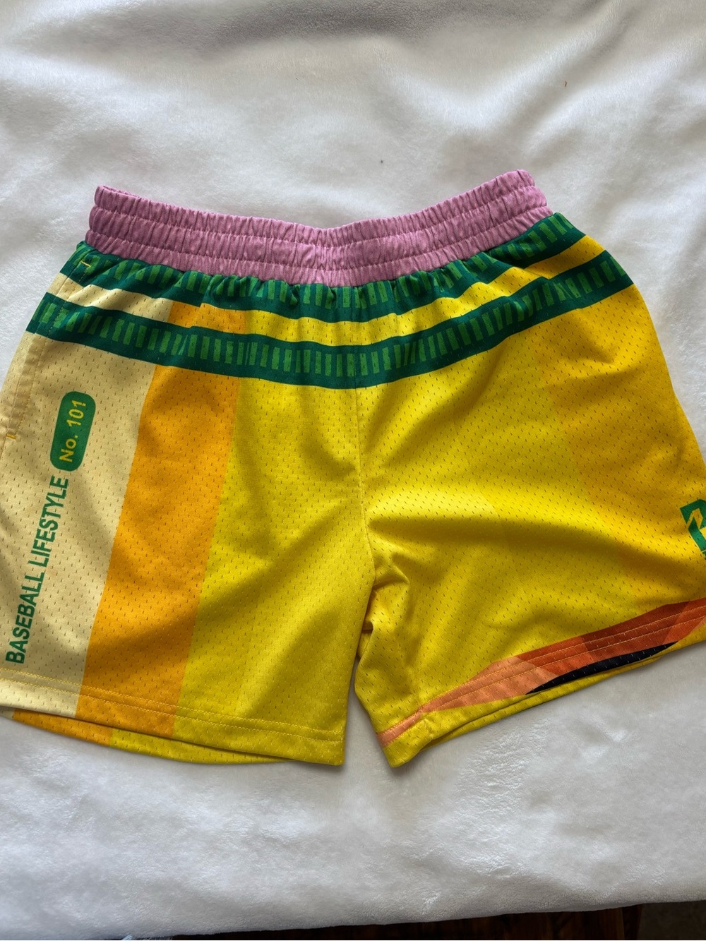Kids Yellow Athletic Mesh Shorts with Pink Waistband